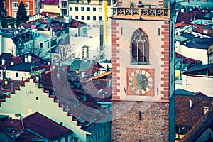 clock tower city aerial detail merano italy rooftop