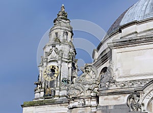 Clock-tower of City Hall, Cardiff, Wales, UK