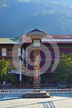 Clock tower in downtown Thimphu, Bhutan, Asia