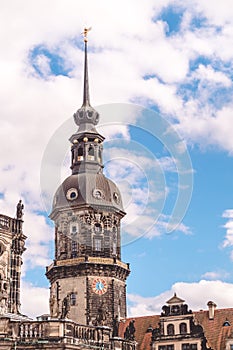 Clock tower in Dresden. The ancient Gothic architecture of Germany
