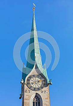 Clock tower of the famous Fraumunster cathedral in Zurich, Switz