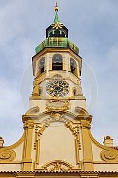 Clock tower of famous historical Loreta building in Prague