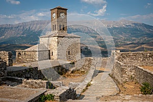 Clock tower and fortress at Gjirokaster castle, Albania