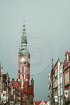 Clock tower of the Gdansk town hall, also called ratusz glownego miasta, a major landmark of the capital city of pomerania