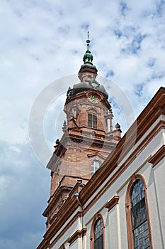 Clock tower of German city chucrh called `CityKirche Konkordien` in city of Mannheim