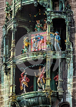 Clock Tower or Glockenspiel close-up, section of bell play, Munich, Germany. Detail of Rathaus New Town Hall with chime