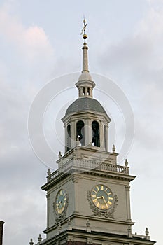 Clock tower of Independence Hall in historic Philadelphia, Pennsylvania where Declaration of Independence was signed