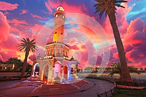 Clock Tower of Izmir in Turkey at sunset