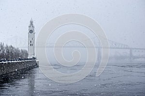 Clock Tower and Jacques Cartier Bridge in Winter