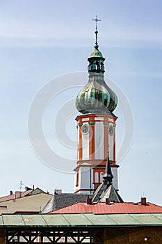 Clock tower Kostel sv. Jakuba church in center of Frydek-Mistek city