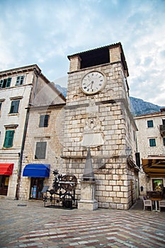 Clock tower in Kotor old town in Montenegro