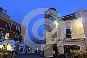 The clock tower at La Piazzetta in Capri in Italy