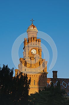 Clock tower made from brown bricks of Chernivtsi Univercity