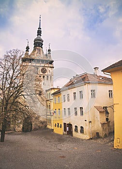 The Clock Tower in the medieval city of Sighisoara, on a sunny day