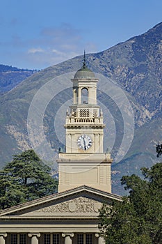 Clock tower of the Memorial Chapel in University of Redlands