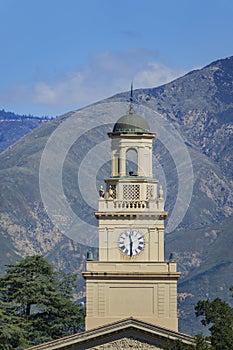 Clock tower of the Memorial Chapel in University of Redlands