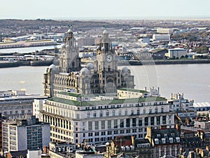 Clock tower and old architecture in liverpool city