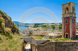 Clock Tower at The Old Fortress of Kerkyra Corfu Town, the capital of Corfu island, Greece.