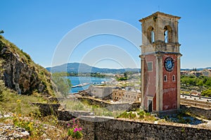 Clock Tower at The Old Fortress of Kerkyra Corfu Town, the capital of Corfu island, Greece.