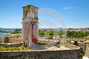 Clock Tower at The Old Fortress of Kerkyra Corfu Town, capitol of Corfu island, Greece.