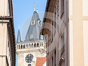 Clock tower of Old Town Hall, a major landmark of Prague, Czech Republic, also called staromestska radnice