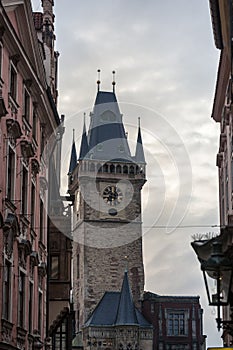 Clock tower of Old Town Hall, a major landmark of Prague, Czech Republic, also called staromestska radnice