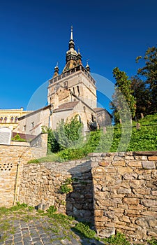 Clock Tower - one of the main symbol of medieval city Sighisoara, Transylvania, Romania. UNESCO world heritage site