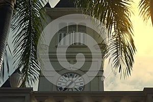 Clock tower with opened window through coconut or palm tree frame on sky background