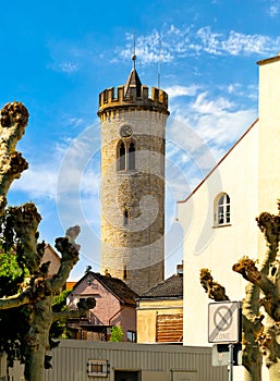 Clock tower of Oppenheim in Rheinhessen in Rhineland-Palatinate. Uhrturm von Oppenheim in Rheinhessen in Rheinland-Pfalz