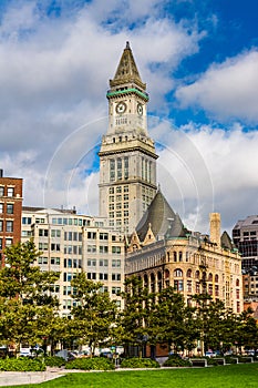 Clock tower and other buildings in Boston, Massachusetts.