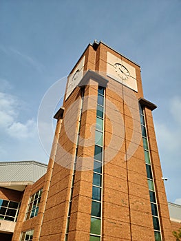 The clock tower outside the Barnhart Student Activity Center and Halton Arena at UNC Charlotte