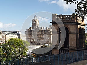 Clock tower over historic hotel at Waverley Station, Edinburgh,