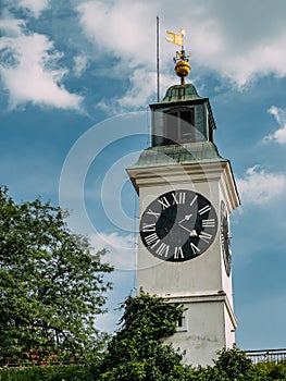 Clock Tower on the Petrovaradin fortress, Novi Sad, Serbia at sunset