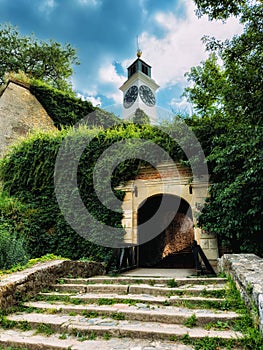 Clock Tower on the Petrovaradin fortress, Novi Sad, Serbia at sunset