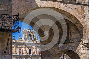 Clock tower in Plaza Mayor of Salamanca, Spain. Exterior image shot from public floor. photo