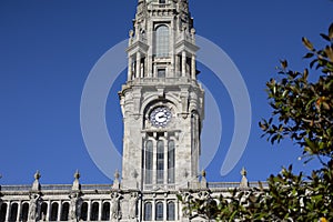 The clock tower in Porto City Hall (Camara Municipal do Porto). City center of Porto in Portugal