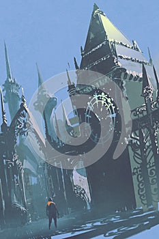 Clock tower in sci-fi city,illustration