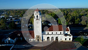 Clock tower and skyline of Boise aerial in the spring