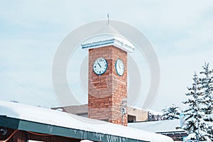 Clock tower with snow at Asahiyama Zoo in winter season. landmark and popular for tourists attractions in Asahikawa, Hokkaido,