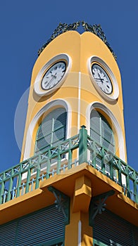 Clock tower soars into blue sky