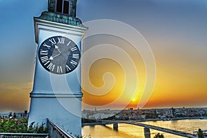 Clock tower at sunset