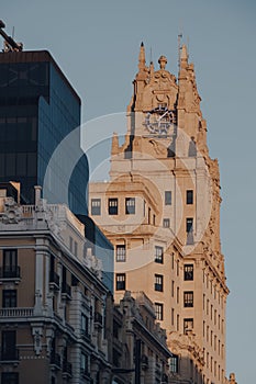 Clock tower on Telefonica building in Madrid, Spain