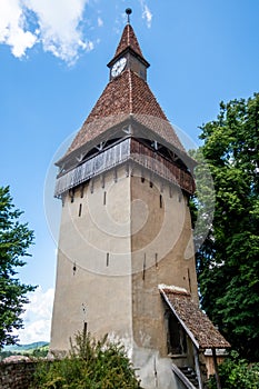 Clock tower of the UNESCO World Heritage Site of Biertan Fortified Church. Biertan, Sibiu County, Transylvania, Romania