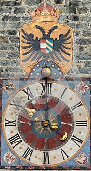 clock of the tower of vipiteno old town photo