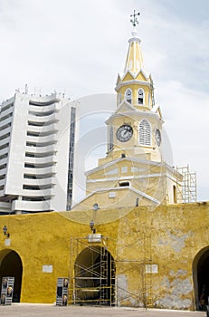 Clock tower walled city Cartagena Colombia