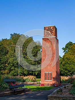 The clock tower war memorial in New Bradwell, Milton Keynes, United Kingdom