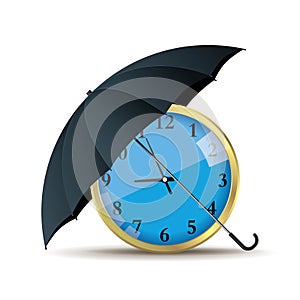 The clock is under the umbrella