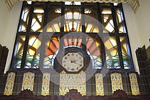 Clock with unusually shaped numbers in the Marine Building Vancouver BC Canada