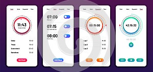 Clock user interface. Alarm stopwatch timer ui mobile phone. Time app vector design