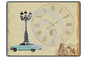 Clock vintage olde cars street birds cover book